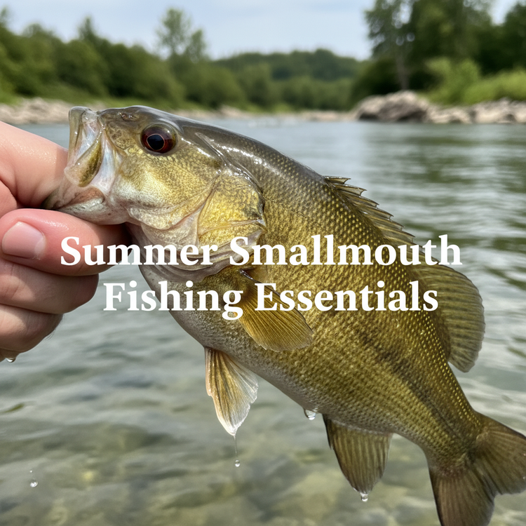 Angler holding a summer smallmouth bass near the water's surface, showcasing Murray's Fly Shop Summer Smallmouth Fishing Essentials collection