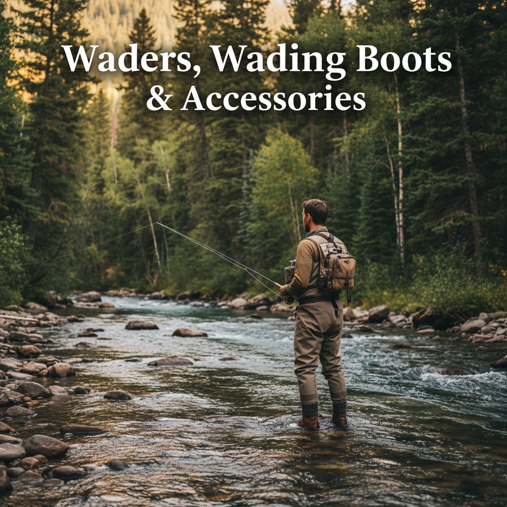 Angler standing beside a clear mountain river in chest-high waders and wading boots, fly rod in hand, surrounded by lush green trees — Waders, Wading Boots & Accessories collection at Murray's Fly Shop