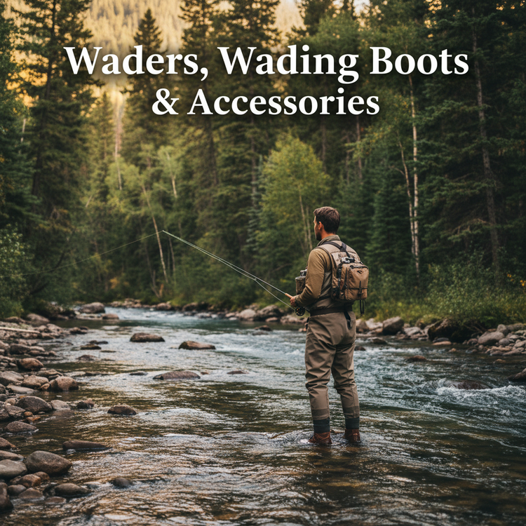 Angler standing beside a clear mountain river in chest-high waders and wading boots, fly rod in hand, surrounded by lush green trees — Waders, Wading Boots & Accessories collection at Murray's Fly Shop