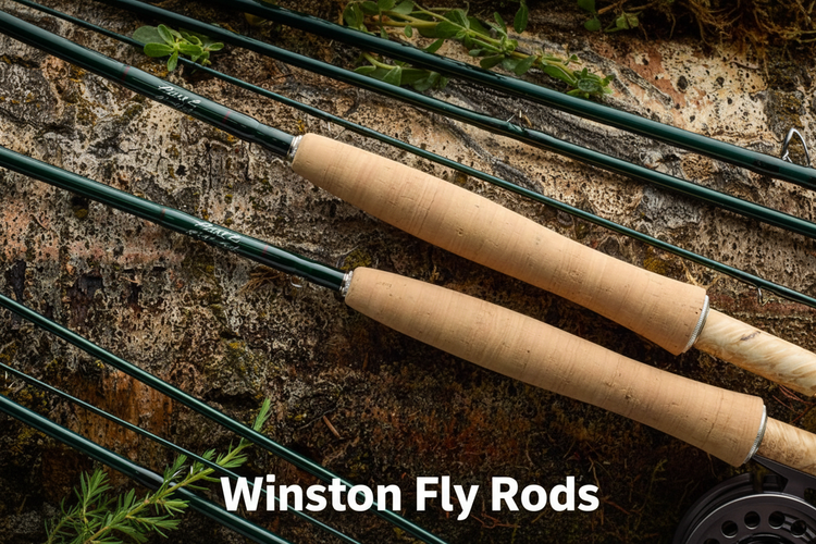 Two Winston fly rods with cork grips resting on a mossy rock — Winston Fly Rods at Murray's Fly Shop