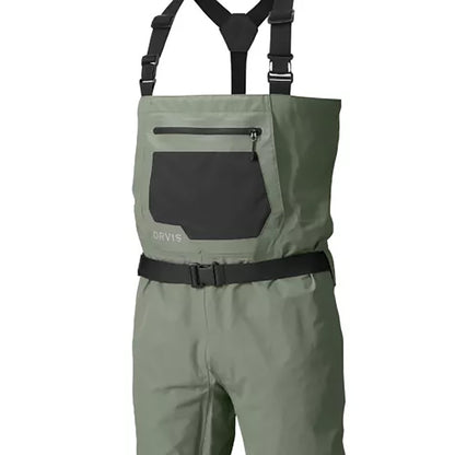 Orvis Men's Clearwater Stockingfoot Wader chest view – stretch-panel storage pocket and kangaroo handwarmer