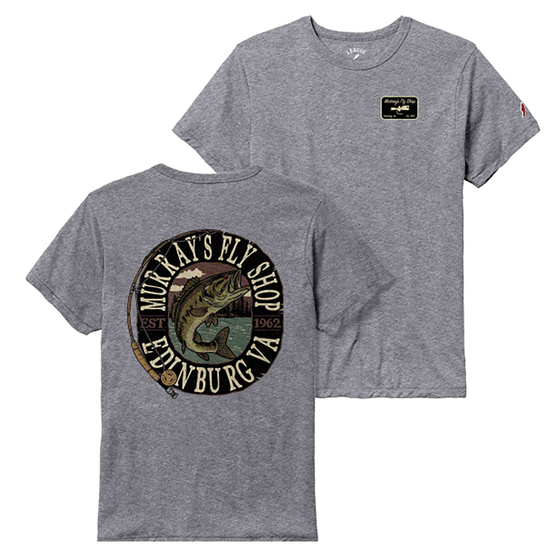 Murray's Fly Shop Bass Graphic T-Shirt in fall heather color displaying a bass and fly rod on the back with a popper and the Murray's name on the front.