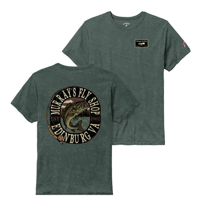 Murray's Fly Shop Bass Graphic T-Shirt in hunter green color displaying a bass and fly rod on the back with a popper and the Murray's name on the front.