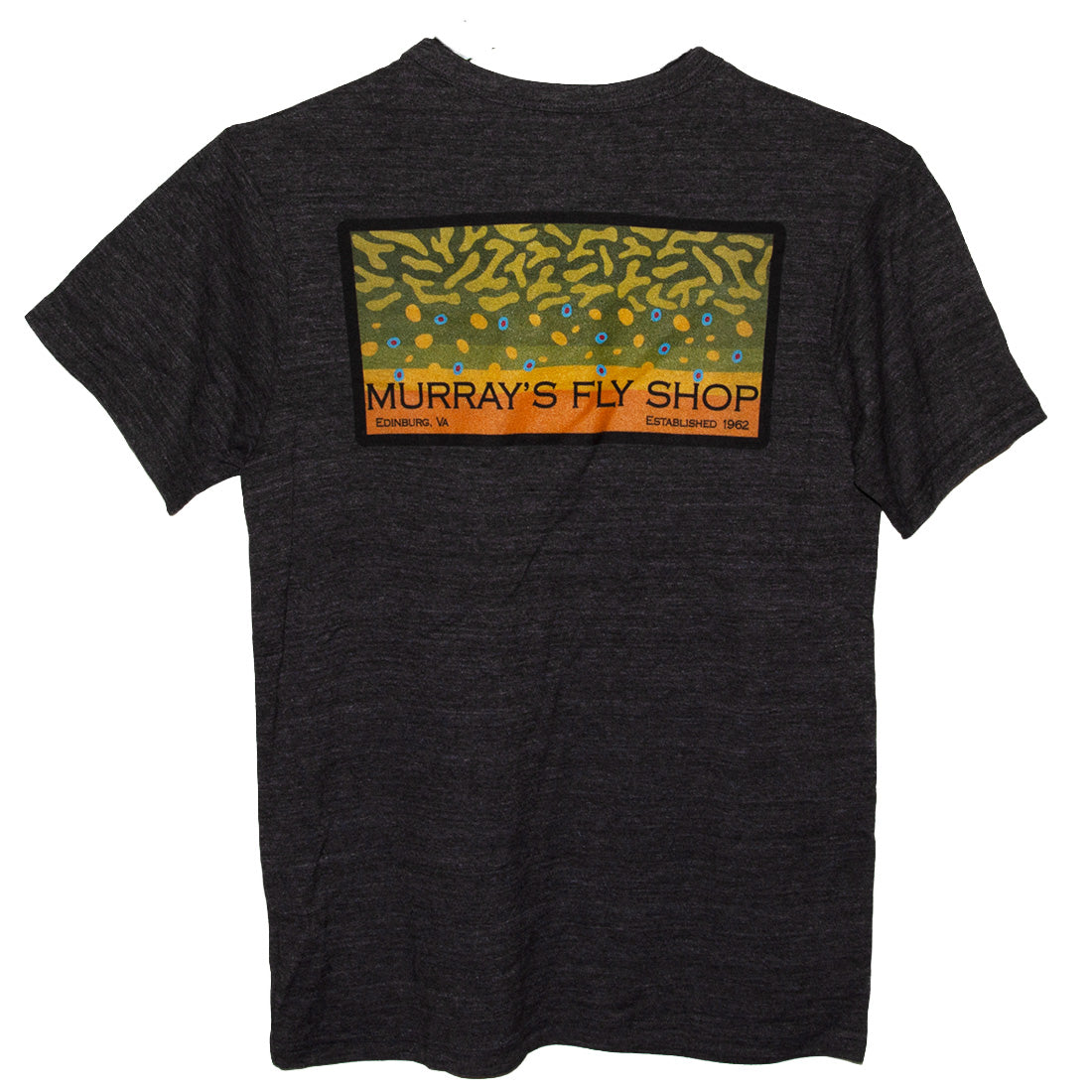 Murray's Fly Shop T-Shirt featuring the brookie colors on the back in a slate color