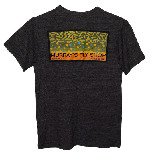Murray's Fly Shop T-Shirt featuring the brookie colors on the back in a slate color