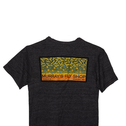 Detailed view of Brook Trout color design on Murray's Fly Shop T-Shirt