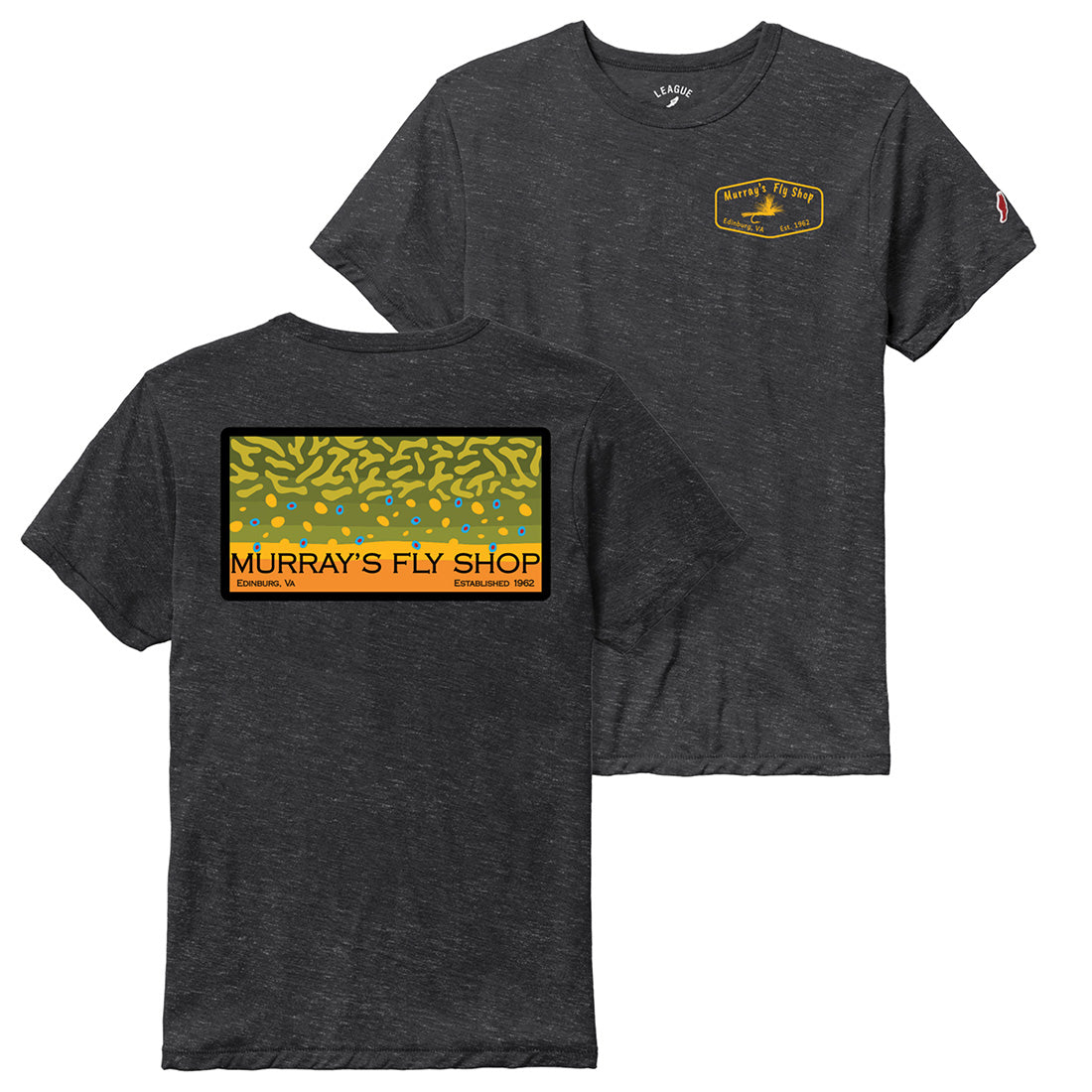Murray's Brook Trout Fly Fishing T-Shirt with brook trout design on the back and front view with Mr. Rapidan Parachute