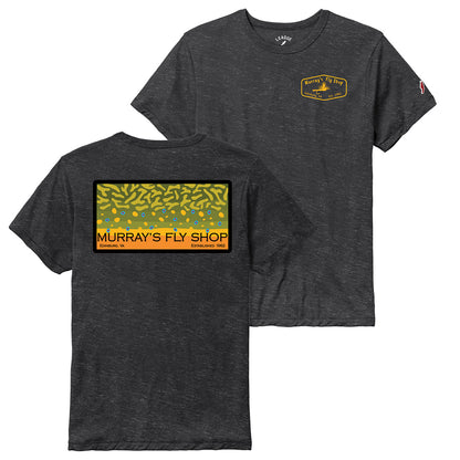 Murray's Brook Trout Fly Fishing T-Shirt with brook trout design on the back and front view with Mr. Rapidan Parachute