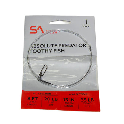 Coiled Absolute Predator Toothy Fish Leader with tapered nylon section, titanium wire, and locking snap closure.