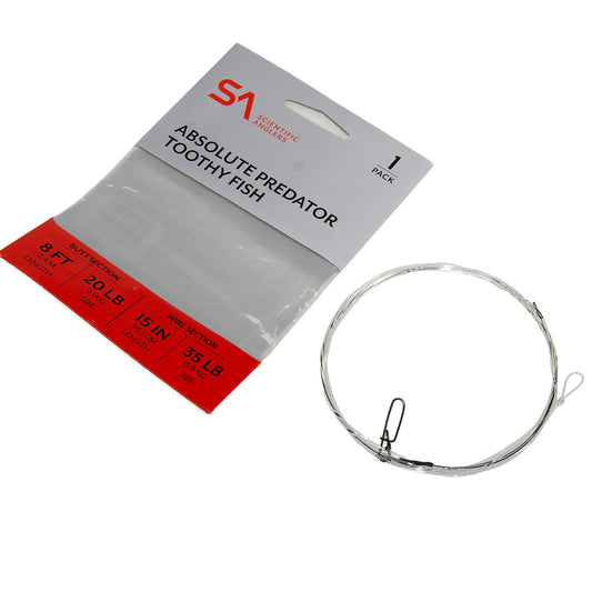 Scientific Anglers Absolute Predator Toothy Fish Leader packaging showing the tapered leader and wire bite guard.