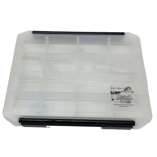 Adjustable compartment fly box - clear plastic fly box with Murray's Fly Shop Logo imprinted on front corner of box