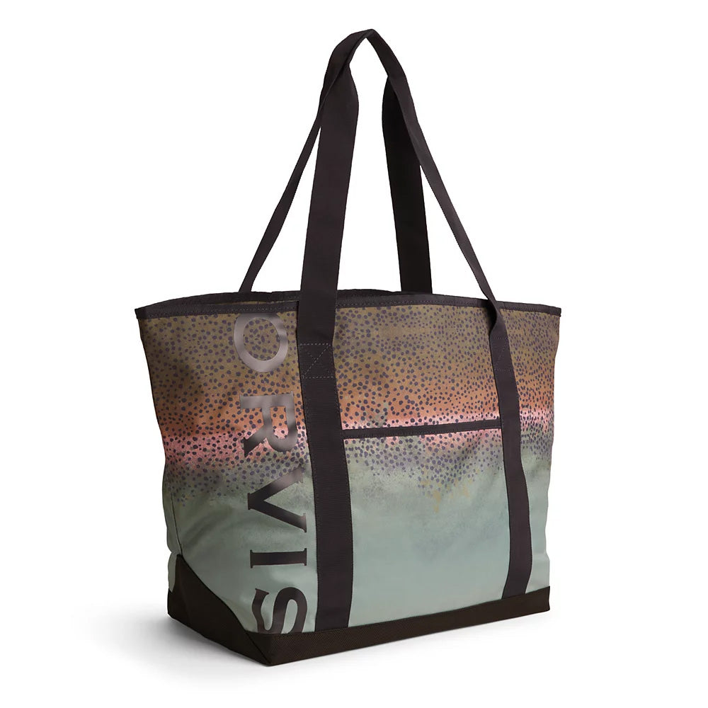 Orvis Adventure Tote in rainbow trout color scheme that is convenient for carrying everyday essentials and fishing gear