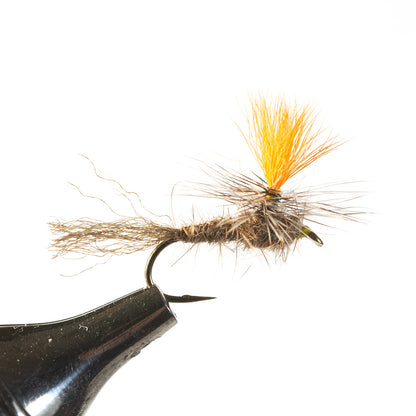 Baltz Dry Para Nymph trout fly showing the high-visibility yellow parachute post and body profile