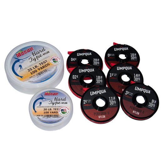 Murray's Bass Bug Leader Building Kit includes Mason Hard Type Nylon and Umpqua leader material to tie your own leaders based on Murray's Fly Shop included formulas