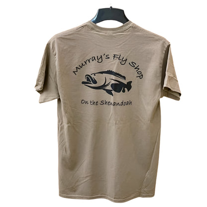 Bass Popper Shirt in Savannah Brown shown looking at a smallmouth bass rendition on the back of the screen printed shirt