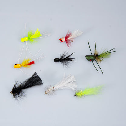 Murray's Bluegill Fly Assortment featuring  topwater micro poppers, frog chuggers, and olive, black, and chartreuse Marauder streamers for panfish fishing.