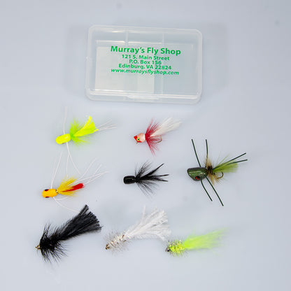 Murray's Bluegill Fly Assortment featuring a pocket fly box with topwater micro poppers, frog chuggers, and olive, black, and chartreuse Marauder streamers for panfish fishing.
