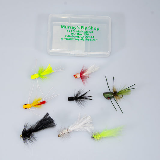 Murray's Bluegill Fly Assortment featuring a pocket fly box with topwater micro poppers, frog chuggers, and olive, black, and chartreuse Marauder streamers for panfish fishing.