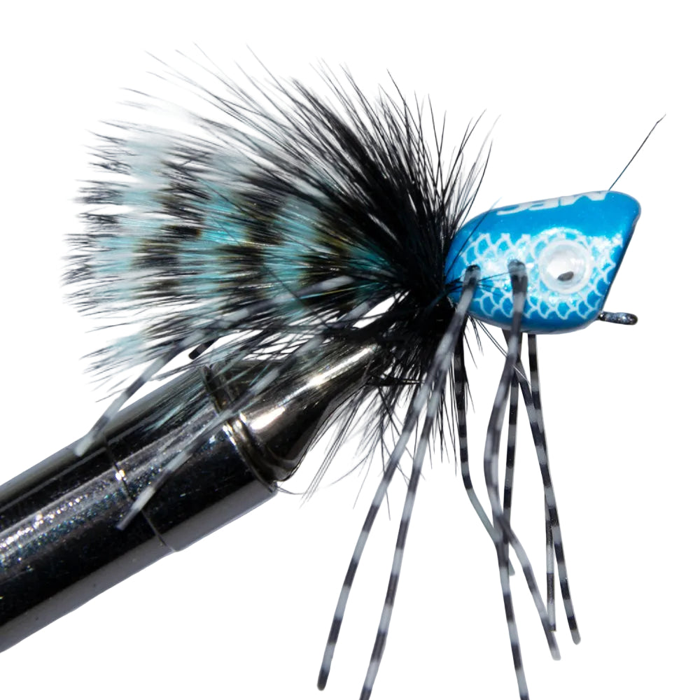 Bombshell Popper in Damsel Blue, excellent topwater fly for smallmouth bass