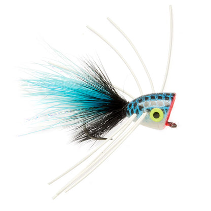 Boss Bug Popper topwater bass fly in Damsel blue color with a deeply cupped face for surface fly fishing.
