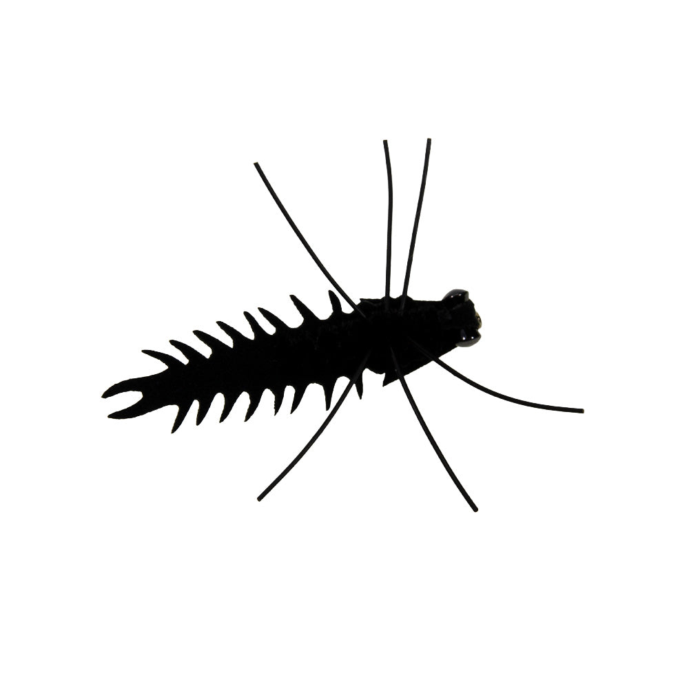 Chuck Krafts Crittermite fly in black that imitates a natural dobsonfly larva on smallmouth bass rivers