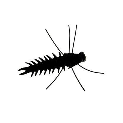 Chuck Krafts Crittermite fly in black that imitates a natural dobsonfly larva on smallmouth bass rivers
