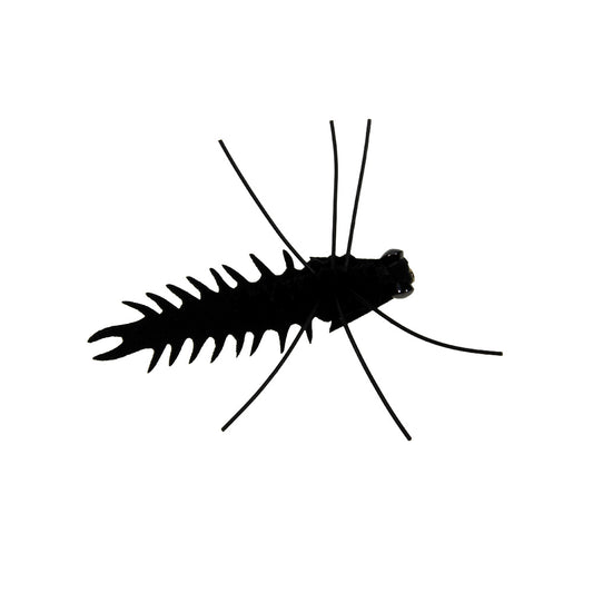 Chuck Krafts Crittermite fly in black that imitates a natural dobsonfly larva on smallmouth bass rivers