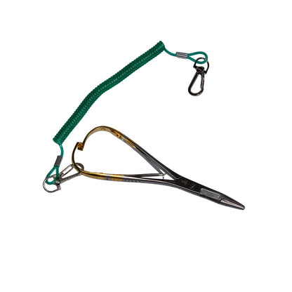 Dr. Slick Mitten Scissor Clamp in gold, 5.5 inches, with serrated scissor and bungee lanyard