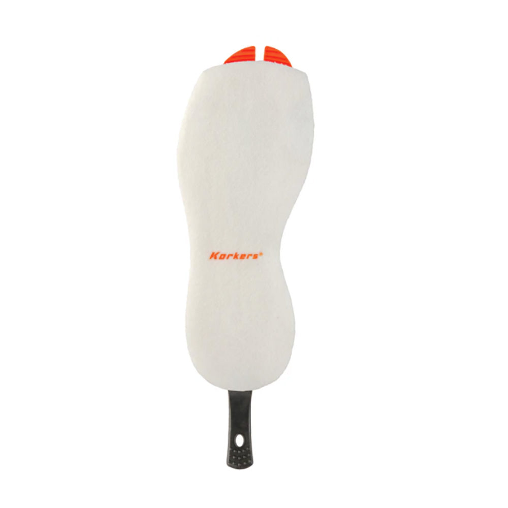 Korkers interchangeable felt replacement sole with orange heel tabs and OmniTrax v3.0 attachment clip for wading boots.