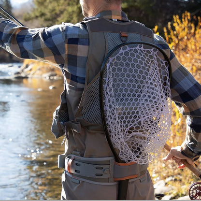 Fishpond Flint Hills fly fishing vest- back view - showing a wading belt as well with a landing net in it