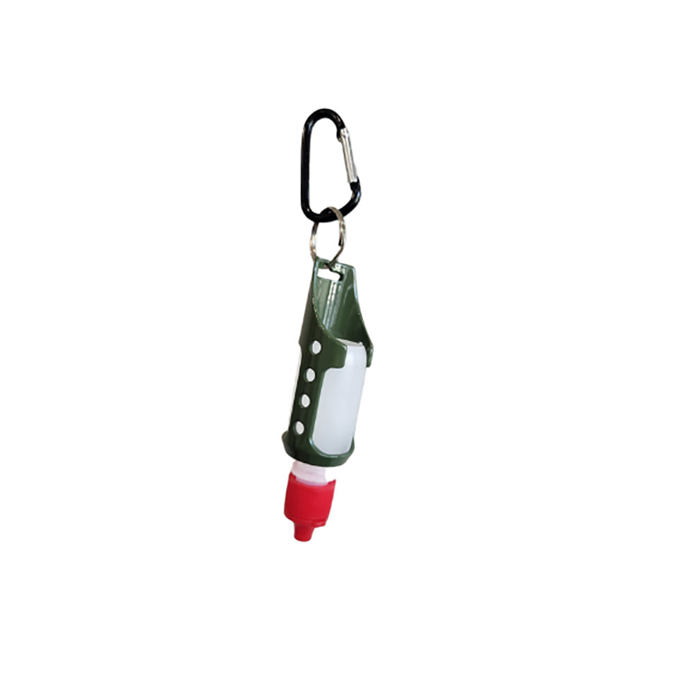 Floatant Caddy - aluminum fly floatant holder shown with a clear fly floatant  bottle with red cap which is shown over a white background