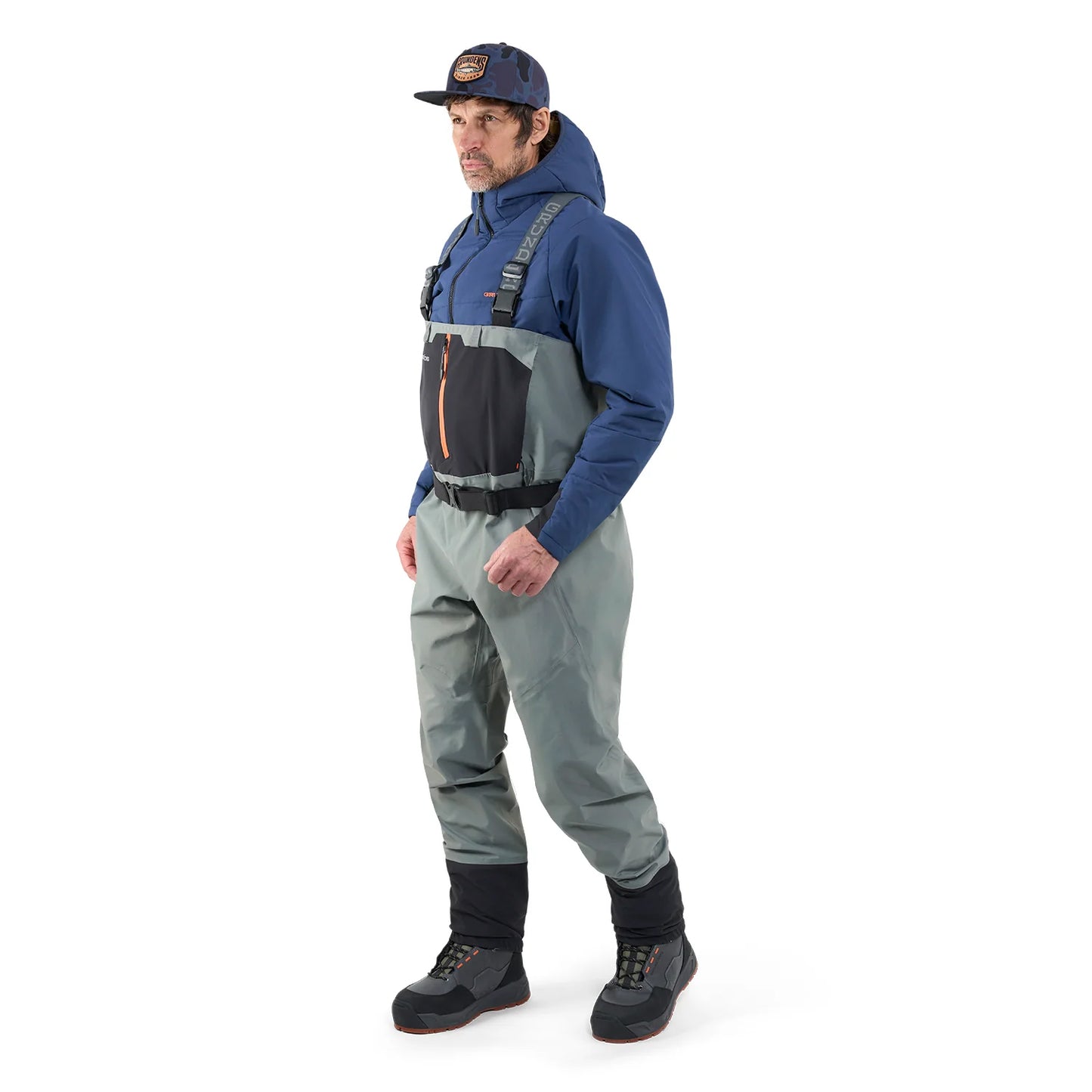 Grundens Bedrock Waders shown on an angler from the front angle 