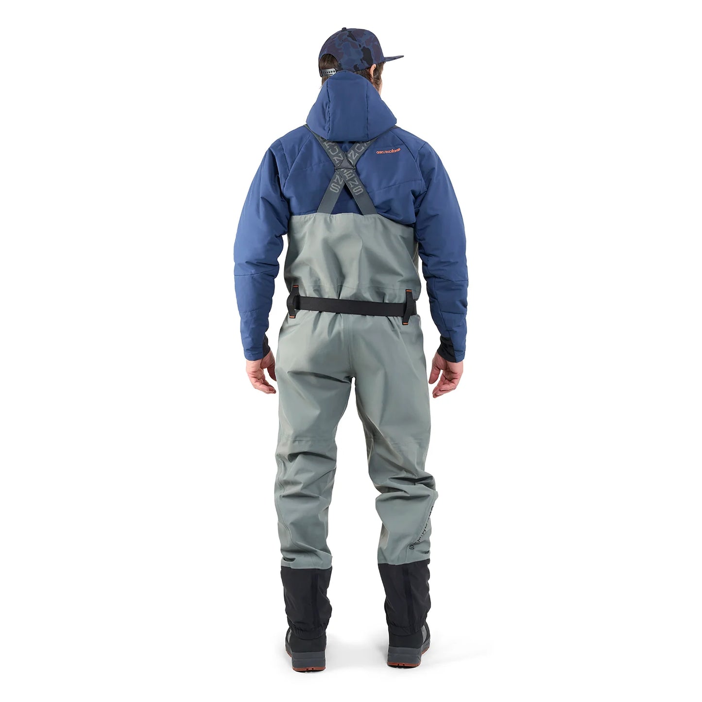 Grundens Bedrock Waders shown from the rear view on an angler