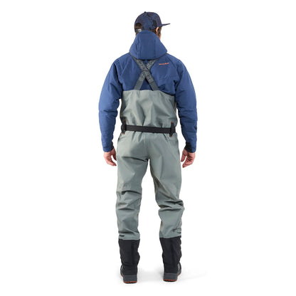 Grundéns Bedrock Stockingfoot Wader rear view – abrasion-resistant gravel guards and neoprene booties