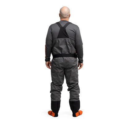 Grundens Vector Stockingfoot waders shown from the back worn on a man