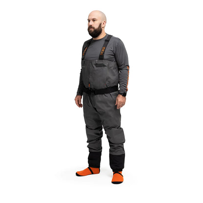 Grundens Vector Stockingfoot waders shown from the front and side on a man