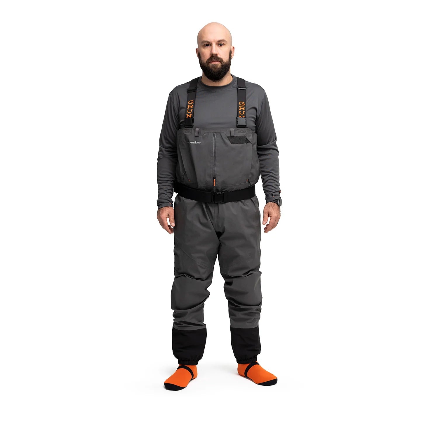 Grundens Vector Stockingfoot waders shown from the front on a man