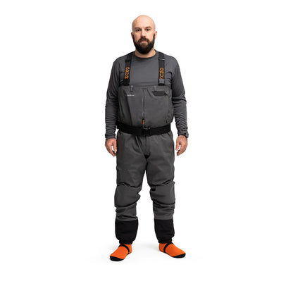 Grundens Vector Stockingfoot waders shown from the front on a man