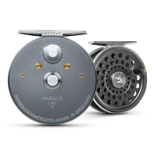 Hardy Marquis LWT Fly Fishing Reel from Alnwich England shown front and back with a white background