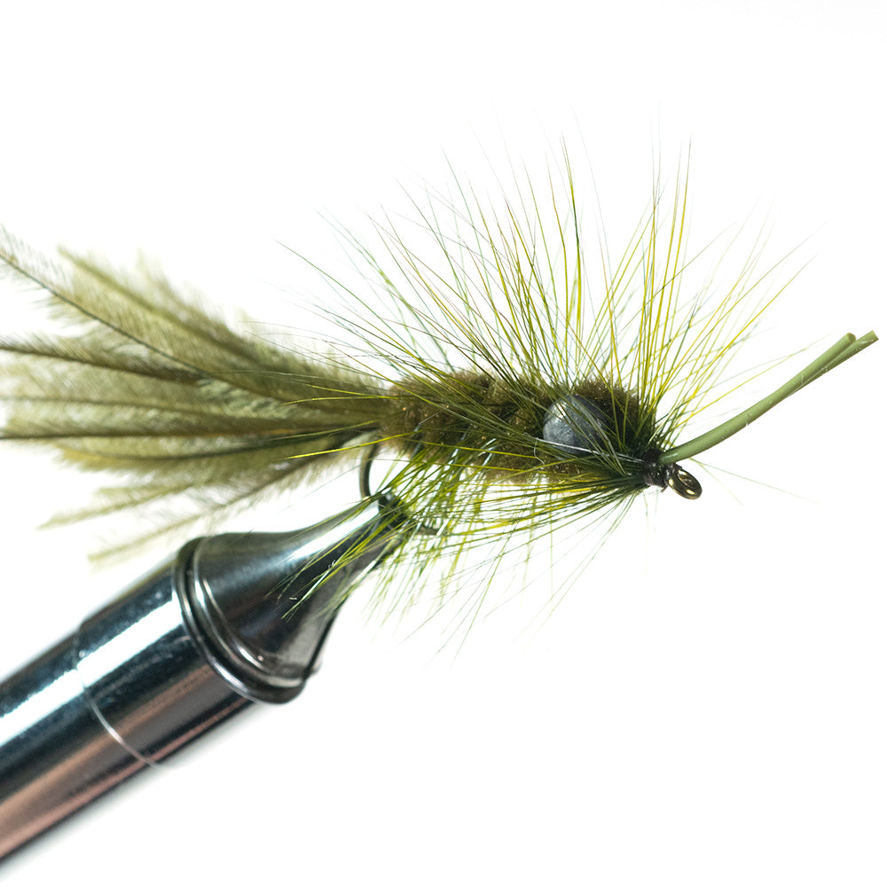 Olive Murray’s Hellgrammite fly pattern, ideal for clear water conditions and matching natural riverbed vegetation.