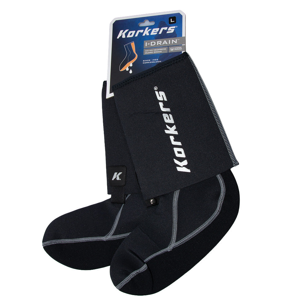 Korkers I-Drain Neoprene Wading Socks with integrated gravel guards.