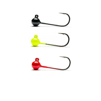 Three Mustad round-head fishing jig heads stacked vertically in black, UV chartreuse, and fire engine red, showing the 90-degree eye bend and sharp high-carbon steel hooks