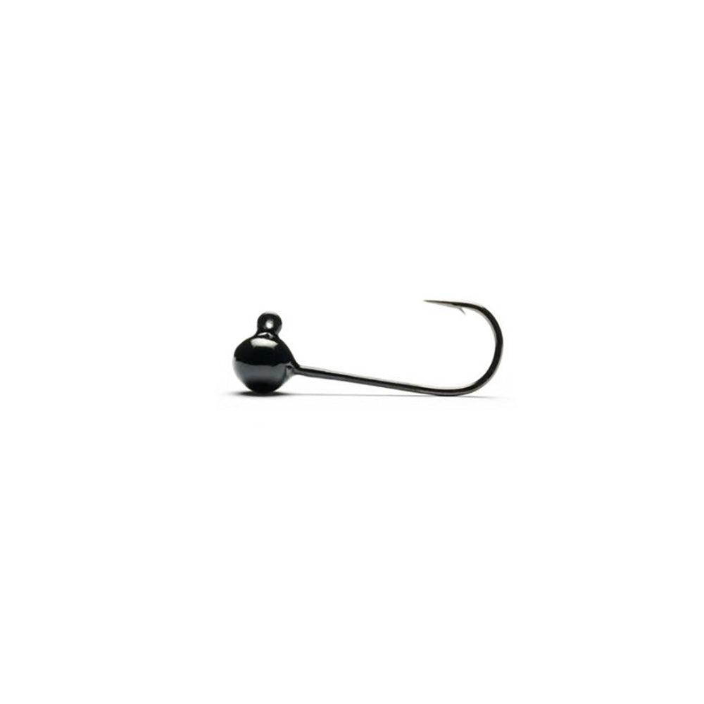 A single Mustad round-head fishing jig head with a durable, chip-resistant black finish and a sharp high-carbon steel hook.
