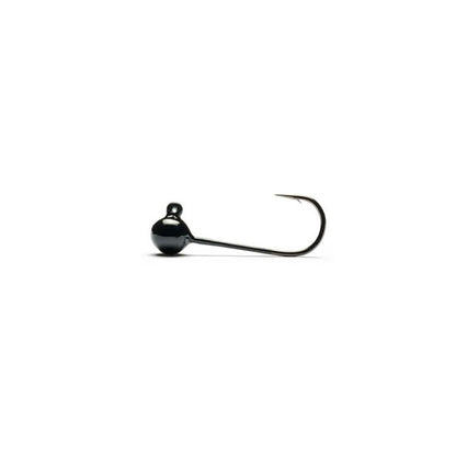 A single Mustad round-head fishing jig head with a durable, chip-resistant black finish and a sharp high-carbon steel hook.