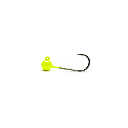 A single high-visibility UV chartreuse Mustad round-head fishing jig head with a 90-degree eye bend and a premium steel hook