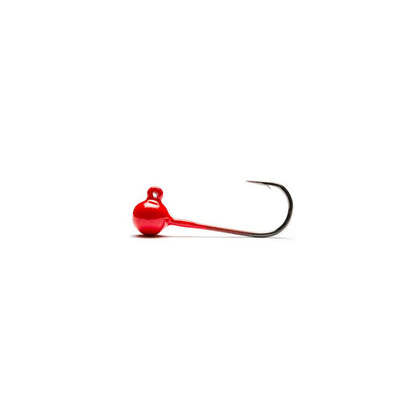 A single Mustad round-head fishing jig head with a vibrant fire engine red finish, designed for fly tying and light tackle fishing.