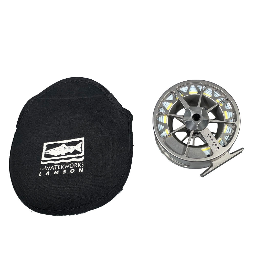 Lamson Guru 8wt Fishing reel with black case featuring The Waterworks Lamson logo on a white background