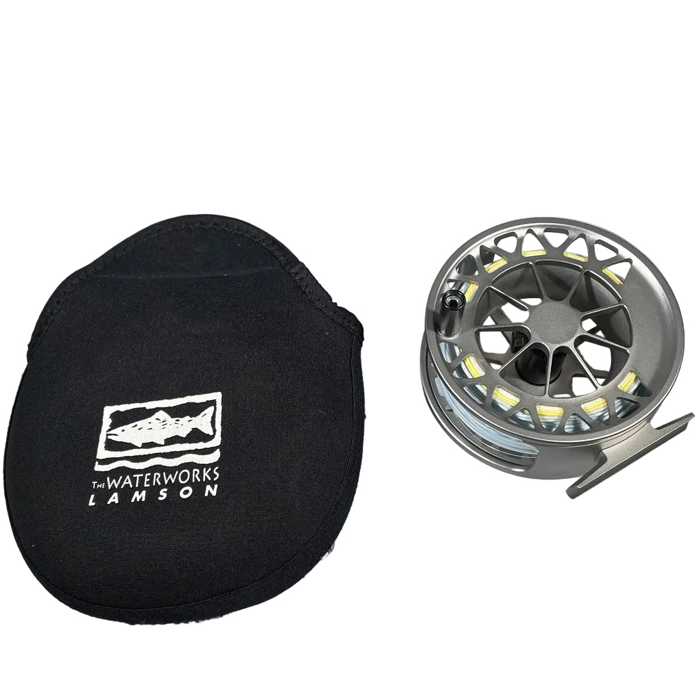 Used Lamson Guru Fishing reel and black carrying case with 'The Waterworks Lamson' logo on a light gray background