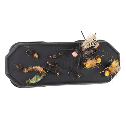 Magnetic fly dock holding multiple fishing flies neatly in place