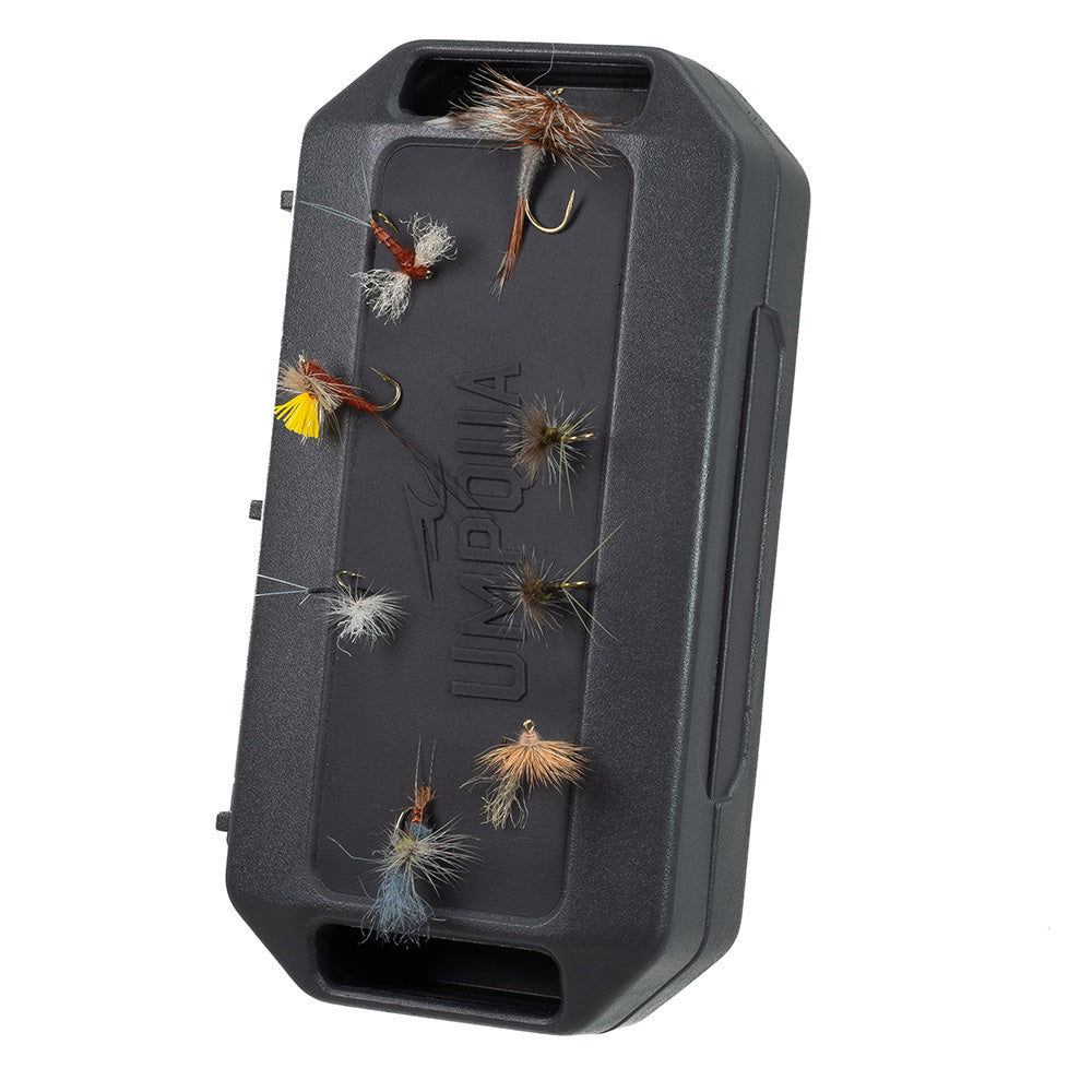 Compact LINK™ HatchVault Magnetic Fly Deck shown attached to the outside of a fishing pack using a modular mounting system.